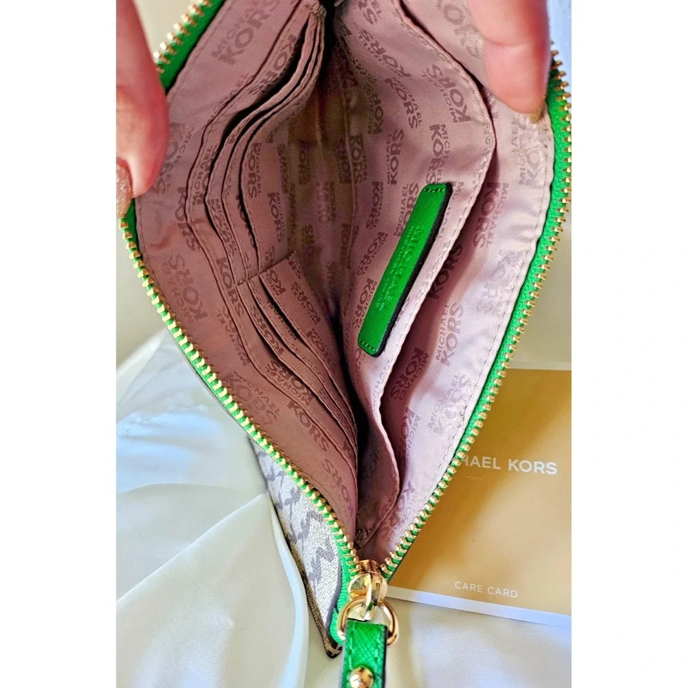 Michael Kors Jet Set LARGE Wristlet/Clutch Green with Beige MK Monogram, 10x5.5